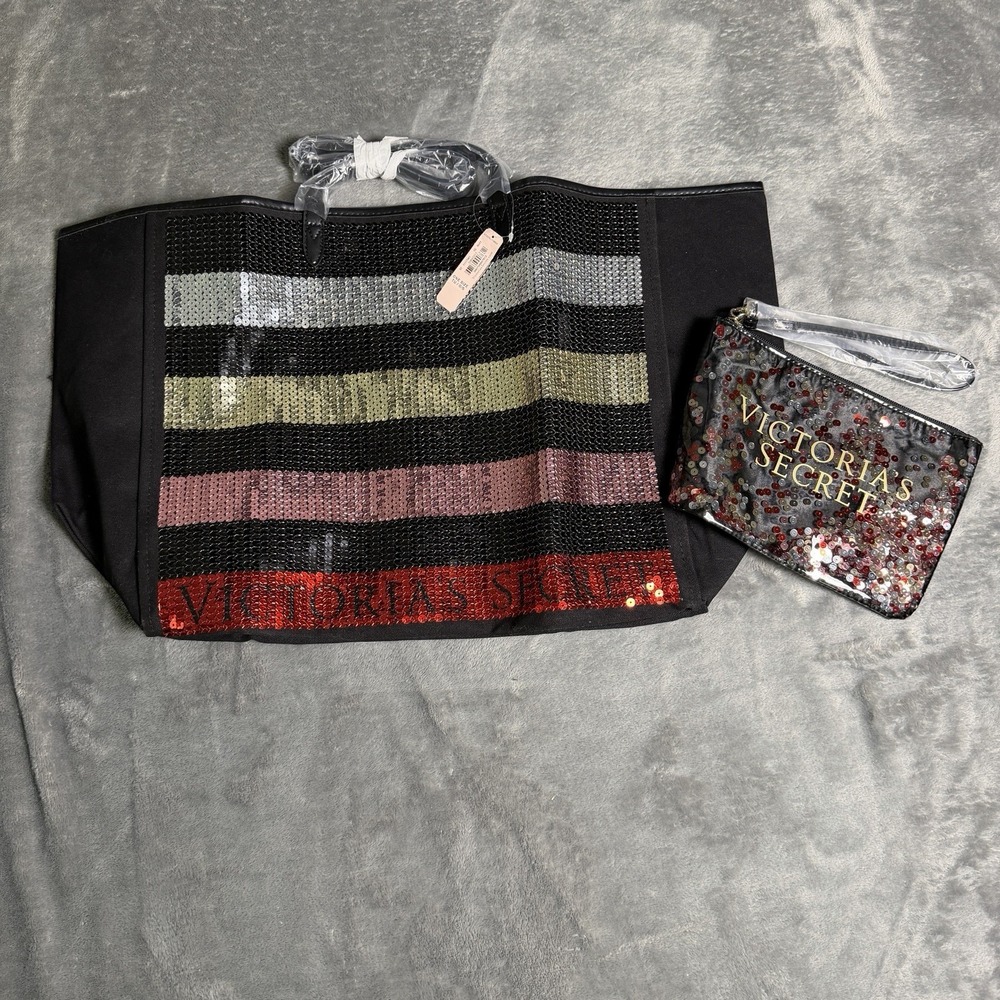 Victoria's Secret Sequin Bling Tote Bag W/ Matching Makeup Bag Pouch NWT